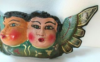 Mexican Folk Art Carved Wood Double Face Angel Cacheton Wall Hanging Colonial 17 3