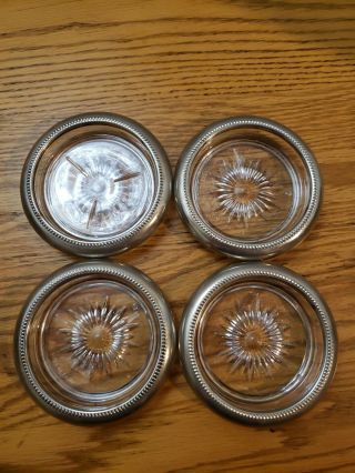 Vintage Leonard Set Of 4 Silverplate Glass Coasters - Made In Italy