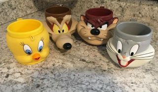 Warner Brothers Vintage Looney Tunes 3d Mugs - Set Of 4 - 1992,  1993