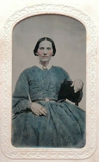 Early Tinted Fashion Tintype Blue Dress Civil War Era 1860s 1/6 Plate