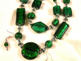 Vintage Authentic Murano / Venetian Glass Foil Beads Dk Green W/silver,  Crystals