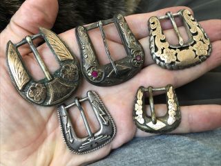 5 Old Southwestern / Mexican Ranger Silver Belt Buckles (some With Gold)