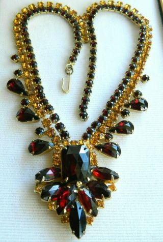 Vintage Juliana Ruby Red Burnt Yellow Rhinestone Necklace