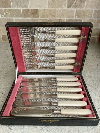 Vintage Fish Knife And Fork Set.  Cutlery Set Engravings On Blades,  Silver Plated