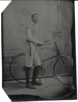 Trimmed 1/6th Plate Tintype Of Bicycle Racer In Uniform With Bicycle 1890s
