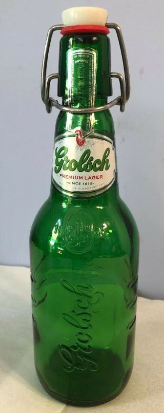 Vintage Grolsch Green Embossed Beer Bottle W/ Porcelain Swing Cap 9 3/4” Tall