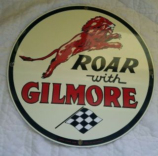 Vintage Round Porcelain Roar With Gilmore Gas Oil Pump Plate Sign Mobil Oil
