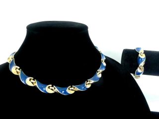 Stunning Vintage Trifari Blue Enamel W/ Gold Tone Swirled Necklace & Bracelet Ec