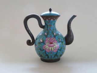 Unusual Antique Chinese Cloisonne Teapot,  Blue Ground With Flowers - -