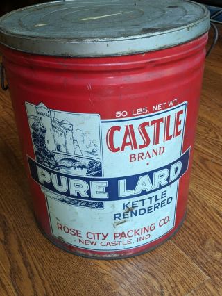 Vtg Castle Brand Pure Lard 50 Lb Tin Can Rose City Packing Co Castle Indiana