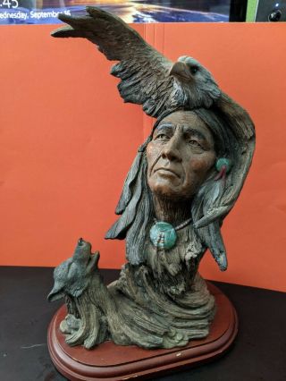 Wood Carving Of Native American Chief With Eagle On Head And Wolf At Neck
