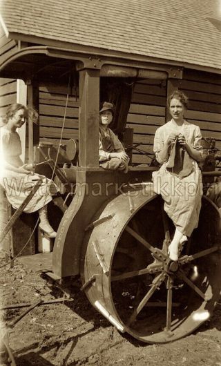 1915 Era Photo Negative Girl On Traction Steam Tractor Knitting Spot