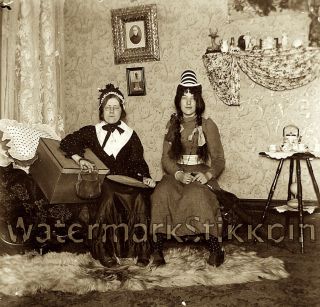 1890s Era Photo Glass Negative Girl Dr Seuss Fashion Hat And Long Ribbon Hair