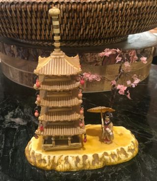 Oriental Japan Vintage Celluoid Cherry Tree Gesiha Pagoda Temple Diorama