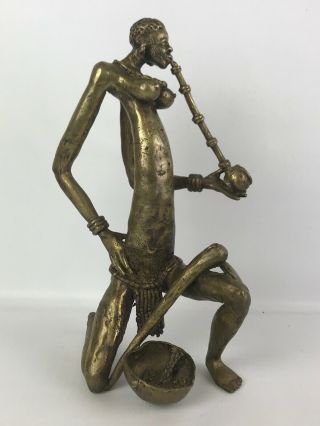 Vintage African Brass Statue Sculpture Woman With Pipe Gathering Basket Tool