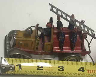 VINTAGE 1920 ' s TIN LITHOGRAPH WIND UP PENNY TOY FIRE TRUCK And Truck 2