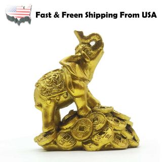 Feng Shui 3.  5 " Gold Elephant On Golden Money Coins Statue Wealth Lucky Figurine