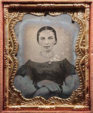 Cased 1/9 Plate Ruby Ambrotype - Very Pretty Lady In Fashions & Jewels