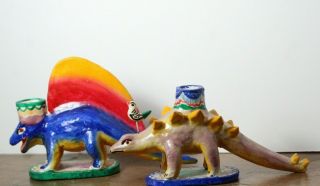 2 Vintage Heriberto Castillo Mexican Folk Art Pottery Dinosaur Candleholders