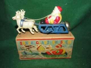 Vintage Tin & Celluloid Windup - " Santa & Sled " W/box - Unusual Size 5 " - 1950 