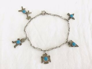 Vintage Native American Fred Harvey Sterling Silver Turquoise Charm Bracelet