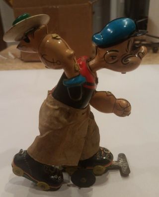 Linemar Windup Popeye Roller Skating W/ Plate & Can Of Spinach Tintoy Japan 1957