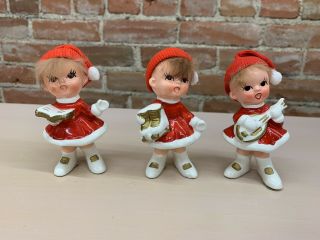 3 Vintage Napco Japan Christmas Girl Elf Figurines Hair Fabric Skates Book Banjo