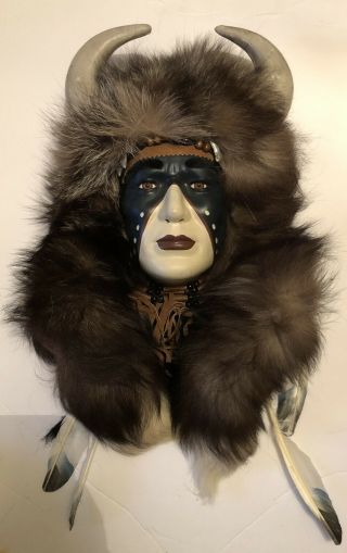 Native American Warrior Spirit Mask Horns Fur Feathers Wall Hanging Decor