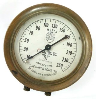 Vintage Ashcroft " World " Dual Fitting Pressure Gauge,  0 - 250 Psi
