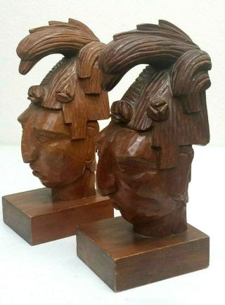 Jose J Pinal Hand Carved Wooden Mexican Aztec Warrior Bookends Carvings Eagles