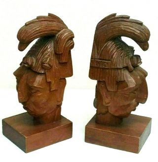 Jose J Pinal Hand Carved Wooden Mexican Aztec Warrior Bookends Carvings Eagles 2