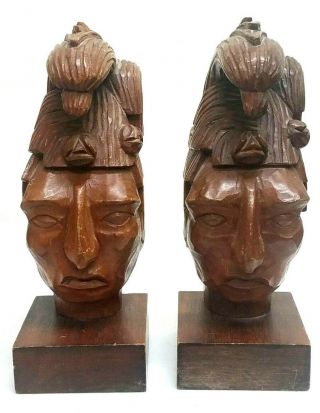 Jose J Pinal Hand Carved Wooden Mexican Aztec Warrior Bookends Carvings Eagles 3