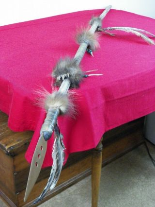 Native American Indian Spear Lance Badger Paw Fur Beads 68 " Turkey Feathers