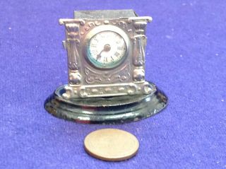 Rare Antique German Wind Up Miniature Mantle Clock Pressed Tin Penny Toy Doll