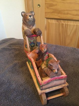 Russian Hand Carved And Painted Wooden Mother Bear With Cubs