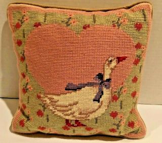 Vintage Mother Goose Needlepoint Throw Pillow W/pink Hearts Velvet Back Nursery
