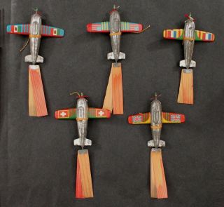 5 Rare 1930s Japan Tin Penny Toy Airplanes,  Flying Noise Makers,