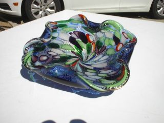 Vintage Murano Cobalt Blue Art Glass Dish Multi - Color Spotted Candy Dish