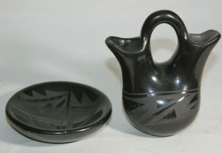 Santa Clara Pottery 5 " Black Wedding Vase Santanita Suazo & Plate Flora Naranja