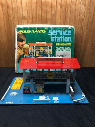 Vintage 1969 Fold - A - Way Shell Service Station Auto Service Station Playset Rare