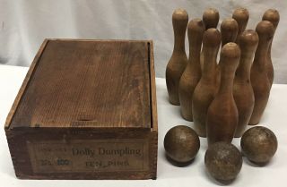 Antique Primitive Rare Dolly Dumpling Ten Pins No.  100 Wooden Bowling Game 1900s