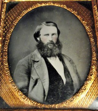 1/6 Plate Ambrotype Young Man Big Beard Tinted Portrait Photo Civil War Era 1860