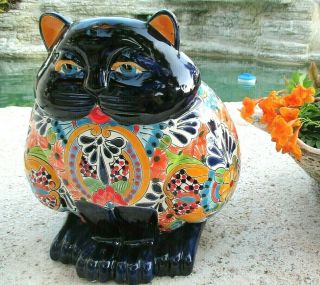 Mexican Talavera Pottery Animal Figure Fat Cat Flower Pot Planter Ceramic 16 "