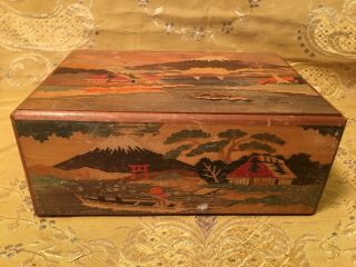 Vintage Japanese Wood Puzzle Box Mt Fuji Inlay Marquetry Boat Village