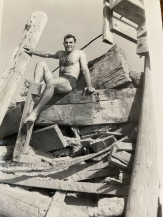 Vintage Photo Handsome Man Posing On Old Pier On Beach Gay Interest Shirtless