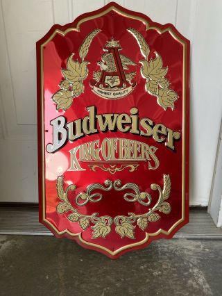 Vintage Budweiser “king Of Beers” Red Metal Tin Sign Bar