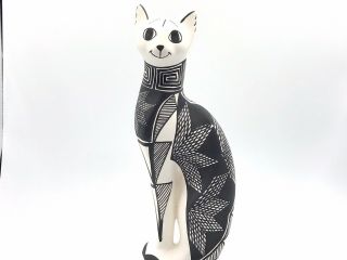 Native American Pottery Acoma Cat Sculpture Handmade Signed By Indian Artist