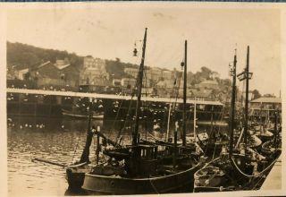 Vintage Old Photograph Fishing Boats Quayside In Harbour Newlyn Cornwall 1930’s