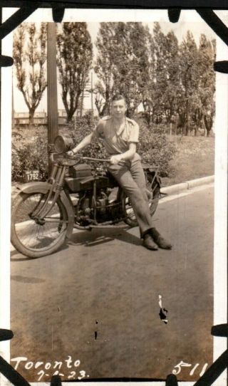 Vintage Photo Man Showing Off His Motorcycle.  Toronto 1923,  Harley?? Pb28