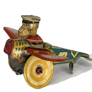 Marx 1930’s Popeye The Pilot Airplane Aeroplane Tin Windup Toy Antique Rare